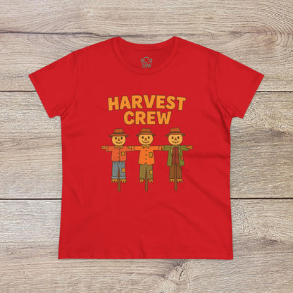 Harvest Crew Halloween T-Shirt in vibrant red with fun scarecrow designs and 'Harvest Crew' text. This tee is made from 100% ring-spun cotton, offering a classic fit that's both cozy and eco-conscious.
