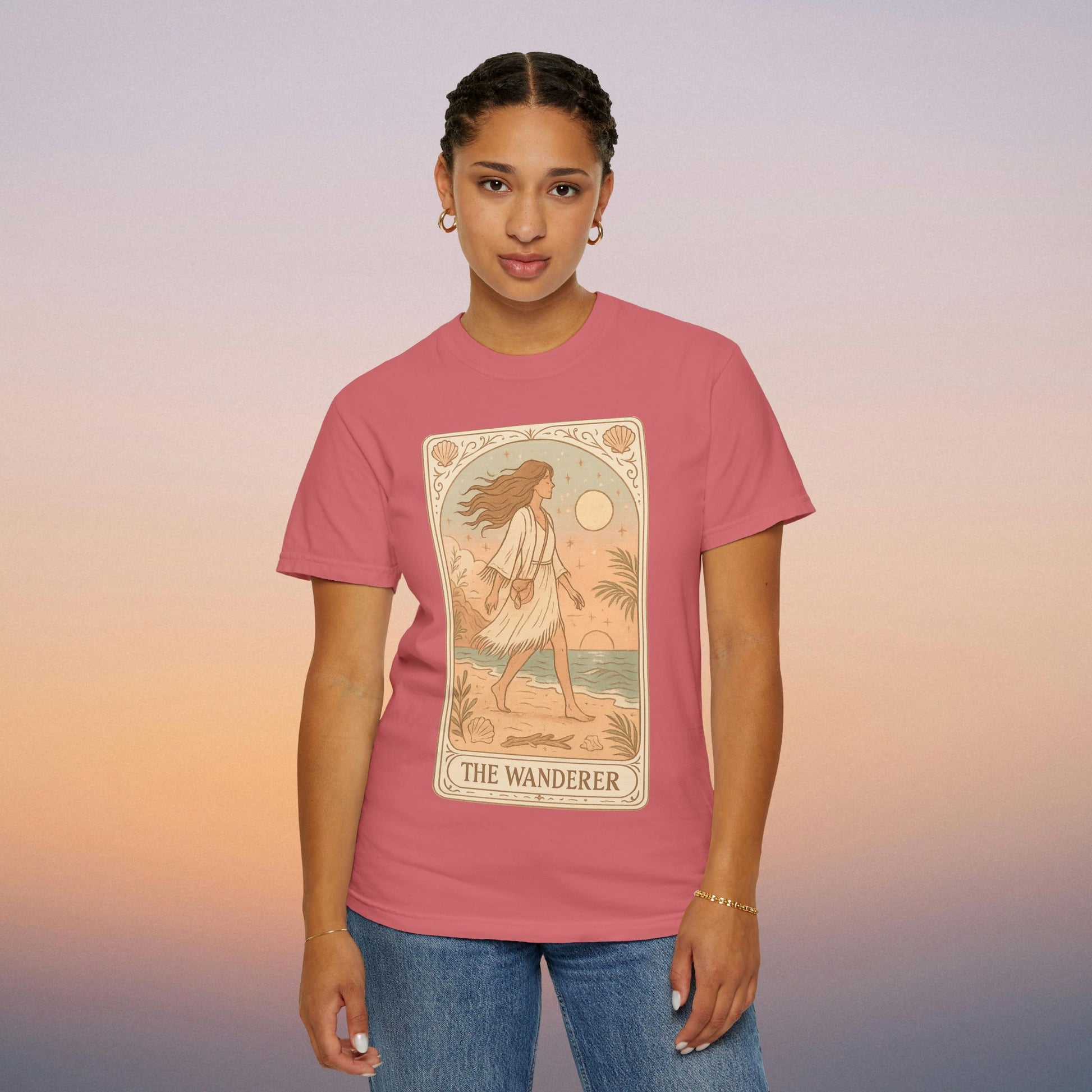 Wanderer Tarot Graphic Tee in a vibrant pink color, featuring an artistic image of a wanderer, made with 100% ethically sourced cotton, available in sizes S to 4XL, ensuring unique style and comfort.