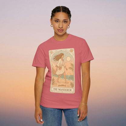 Wanderer Tarot Graphic Tee in a vibrant pink color, featuring an artistic image of a wanderer, made with 100% ethically sourced cotton, available in sizes S to 4XL, ensuring unique style and comfort.