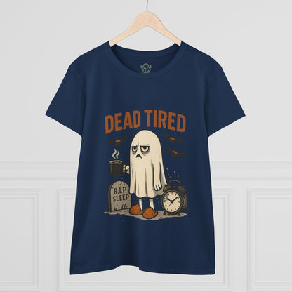 Cute Whimsical Ghost T-Shirt for Halloween featuring a tired ghost design with the phrase 'DEAD TIRED' on a navy background, great for lounging or festive gatherings.