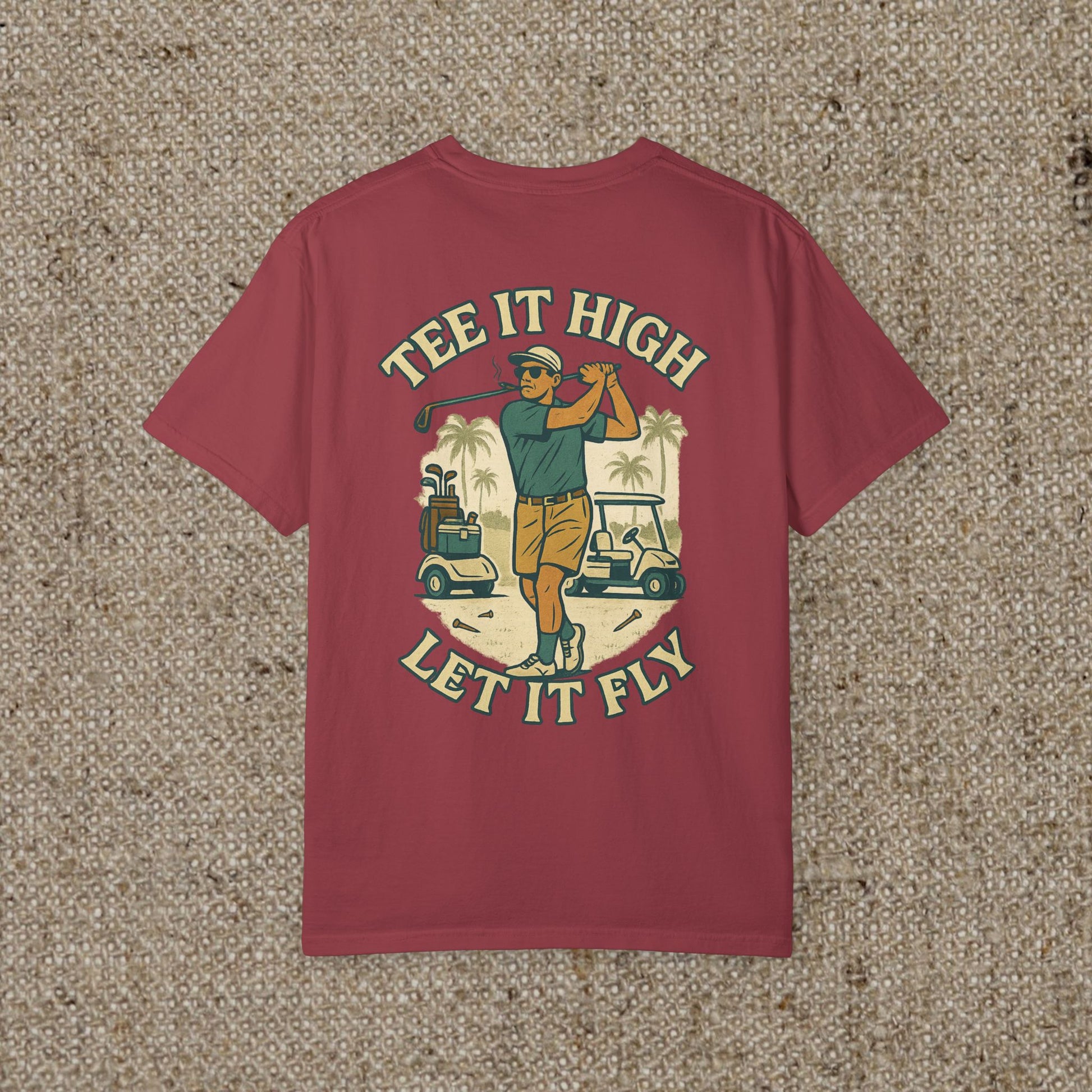 Back view of the Tee It High Let It Fly Graphic Tee in rich maroon color, showing appealing graphic design suited for golf enthusiasts.