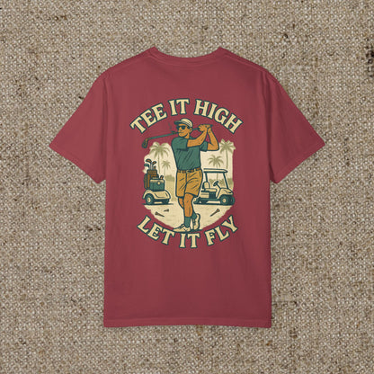 Back view of the Tee It High Let It Fly Graphic Tee in rich maroon color, showing appealing graphic design suited for golf enthusiasts.