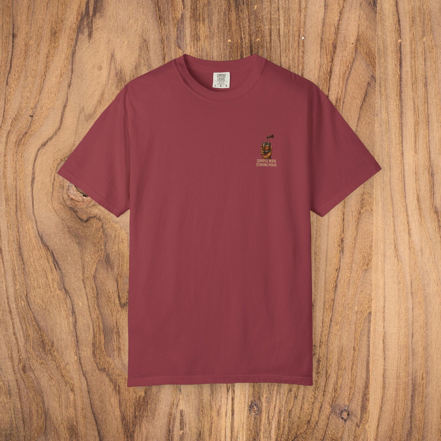 Simple Man Strong Pour T-Shirt in burgundy red, made from 100% cotton, presenting an ethical and stylish option for casual wear.
