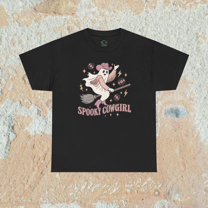 Black Spooky Cowgirl Graphic Tee designed with a charming ghost cowgirl theme, combining style and eco-friendliness.