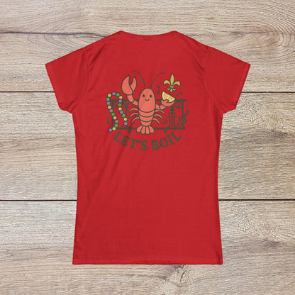 Crawfish Boil Shirt for Women featuring a playful lobster design and the phrase 'LET'S BOIL' on a vibrant red background, perfect for summer festivals and celebrations.