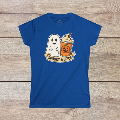 Spooky And Spice Ghost Graphic Tee in vibrant blue, featuring a charming ghost next to a pumpkin spice beverage, trendy for any season and Halloween celebrations.