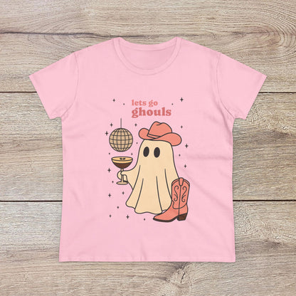 Let's Go Ghouls Tee in soft pink with a cute ghost in cowboy gear, ideal for Halloween fun and everyday wear. Crafted from 100% cotton for added comfort.