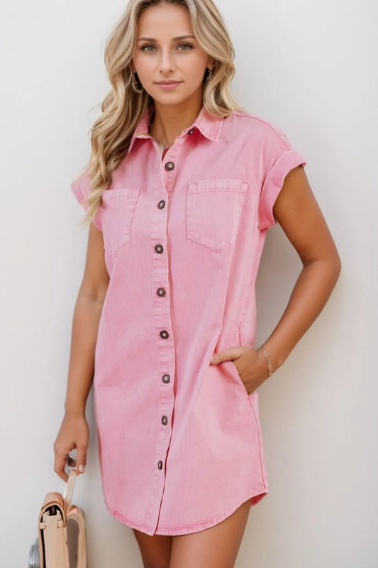 Stylish Button Down Short Sleeve Denim Dress with Pockets in pink, made of 100% cotton, featuring a classic fit, perfect for casual outings.