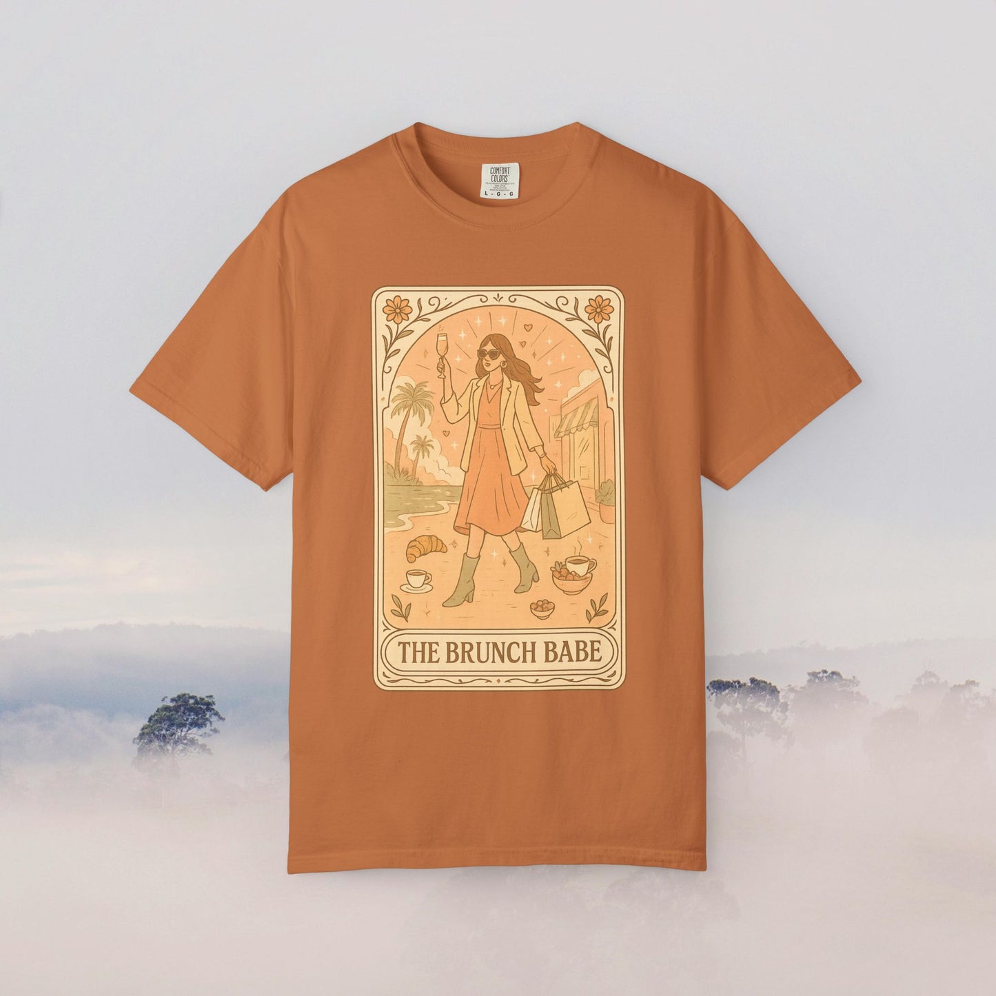 Brunch Babe Tarot Graphic Tee in warm orange, 100% cotton, unique soft feel, ideal for brunch lovers, available in sizes S-4XL.