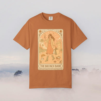 Brunch Babe Tarot Graphic Tee in warm orange, 100% cotton, unique soft feel, ideal for brunch lovers, available in sizes S-4XL.
