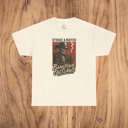 Bangtown Outlaws Retro Casual Party Shirt - Unisex Cotton Tee featuring a colorful design with a skeleton in a cowboy hat, perfect for stylish gifting and fun events.
