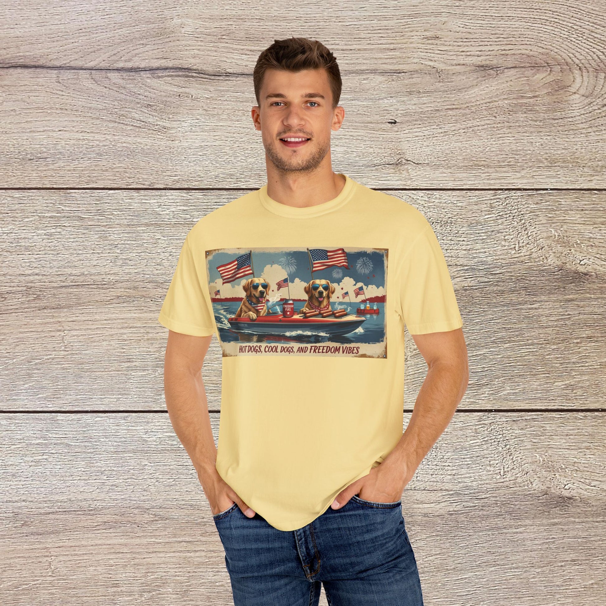 Model showcasing Men's Golden Tee in yellow, designed with a fun dog graphic that represents summer vibes and freedom. Comfortable Cotton T-Shirt with Ribbed Collar, Sizes S-5XL.