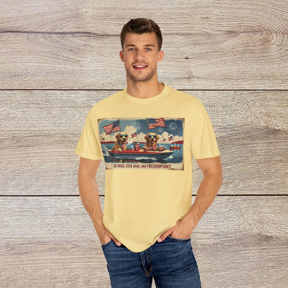 Model showcasing Men's Golden Tee in yellow, designed with a fun dog graphic that represents summer vibes and freedom. Comfortable Cotton T-Shirt with Ribbed Collar, Sizes S-5XL.
