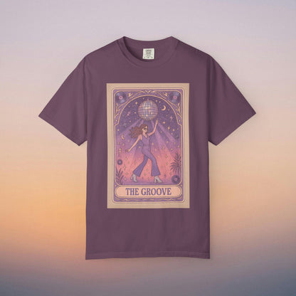 Groove Tarot Graphic Tee in deep plum, featuring a creative design showing a character under a disco ball, constructed from breathable 100% ring-spun cotton, suitable for everyone.