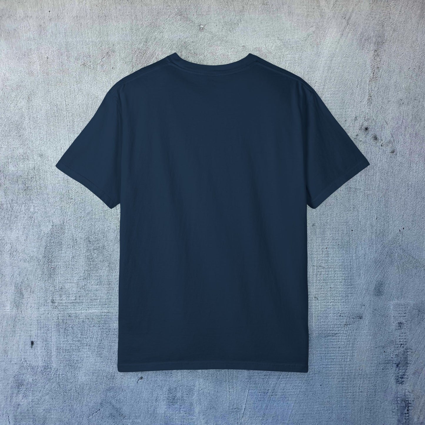 Back view of the Sleek Woof of Ball Street T-Shirt in navy, showcasing the minimalist design and quality fabric without side seams.