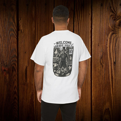 Spooky Halloween Graphic Tee - Unisex Cotton Shirt featuring a cool back design stating 'Welcome Brave Souls', great for casual Halloween festivities.