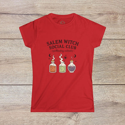 Salem Witch Social Club Graphic Tee in red with playful potion bottles, crafted for vibrancy and comfort in 100% ring-spun cotton.