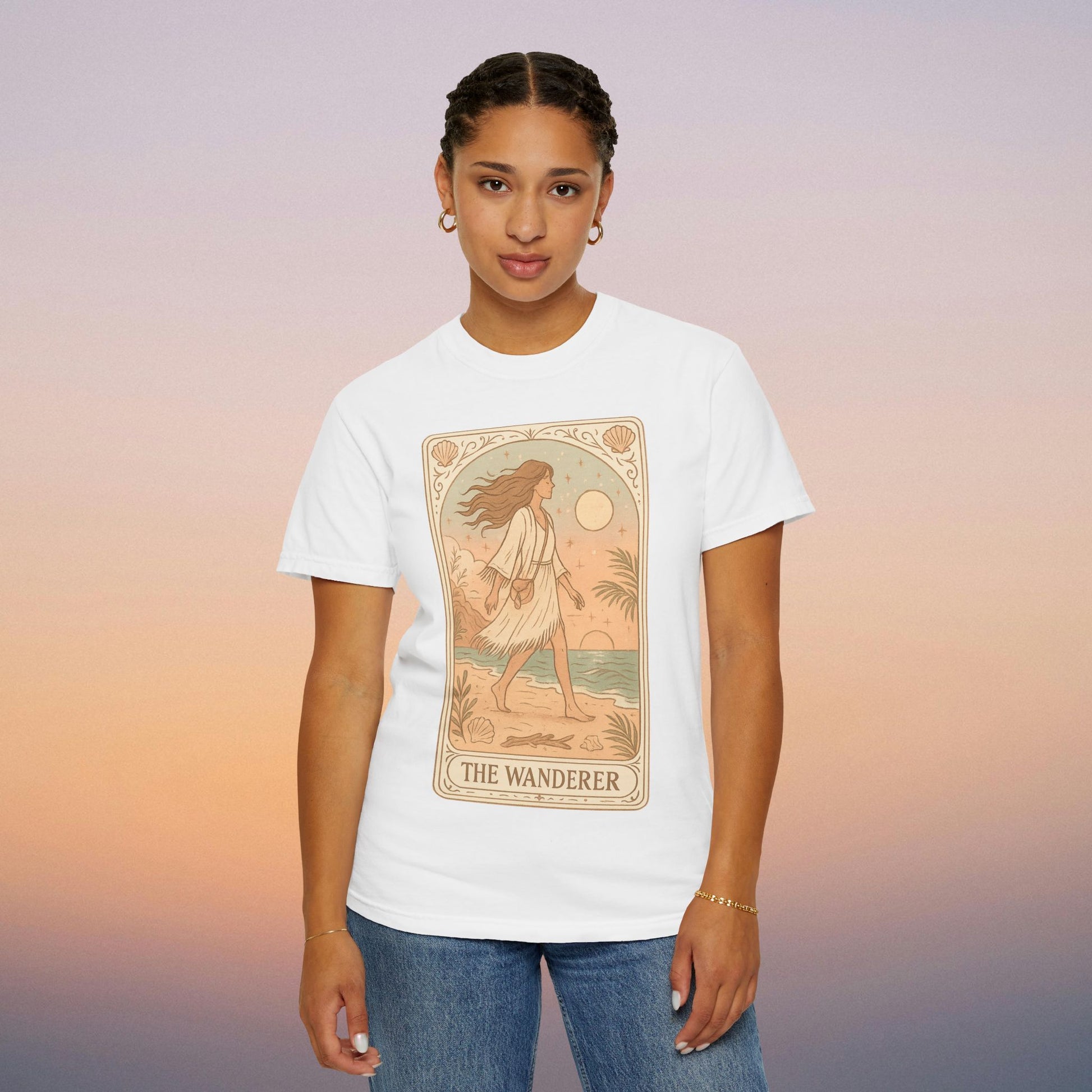 Wanderer Tarot Graphic Tee in classic white, highlighting unique artwork, designed for comfort and ethically made from 100% cotton.