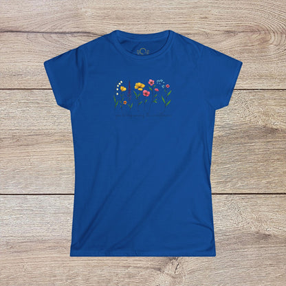 Wildflowers T-Shirt in blue showcasing a beautiful floral print with the text 'you belong among the wildflowers'. Ideal for everyday wear.