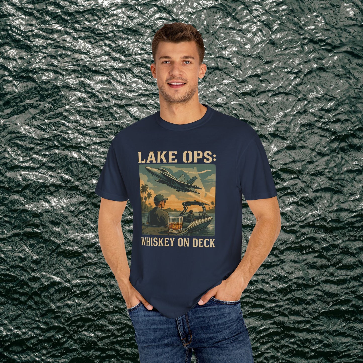 Garment-Dyed Comfort Tee For Adults in navy blue, displayed with a stylish 'Lake Ops: Whiskey On Deck' graphic for a chic, casual look.
