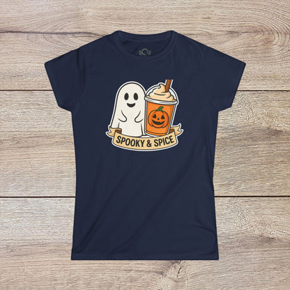 Spooky And Spice Ghost Graphic Tee in navy blue, adorned with a delightful ghost and pumpkin spice cup graphic, perfect for adding some festive flair to your wardrobe.