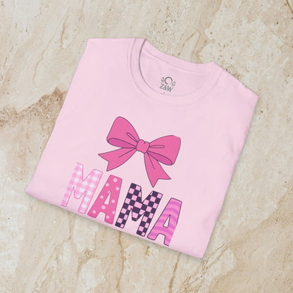 Mama Bow Tee presented in a light pink tone, adorned with a charming bow print and bold 'MAMA' text, made from seamless 100% cotton for a perfect fit.