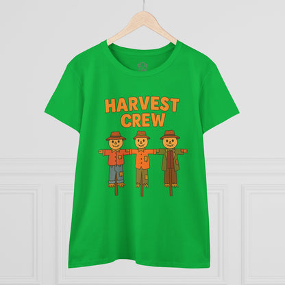 Green Harvest Crew Halloween T-Shirt featuring cheerful scarecrow designs, made from soft 100% ring-spun cotton, ideal for festive occasions.