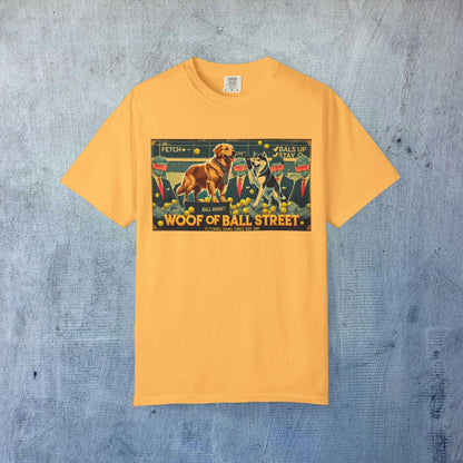 Sleek Woof of Ball Street T-Shirt in vibrant yellow showcasing fun dog and cat illustrations, perfect for casual wear.