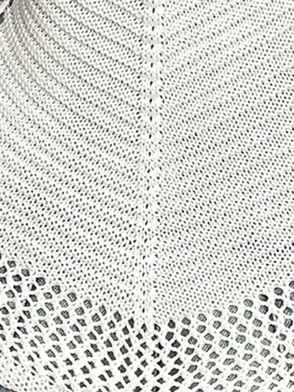 Stylish detail of the Women's Openwork Knit Cami Top featuring a scoop neck design, ideal for layering. Made from 100% polyester, this lightweight and breathable top showcases an intricate openwork knit pattern, perfect for warm weather.