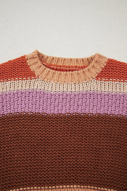 Stylish Colorblock Striped Sweater with Round Neck - Close-up of the knitted round neck of the sweater, emphasizing the quality and craftsmanship of the acrylic material.