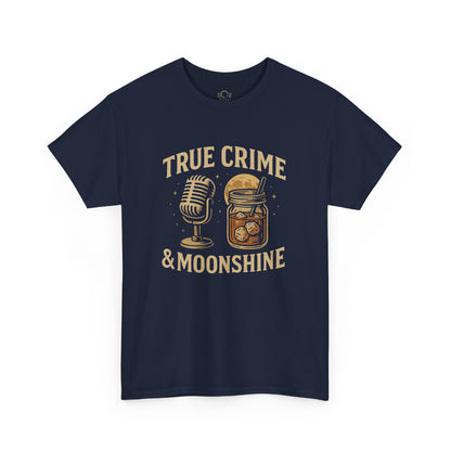 Close-up of the True Crime & Moonshine Unisex Graphic Tee in navy, featuring a playful design with a microphone and a jar, ideal for true crime aficionados.