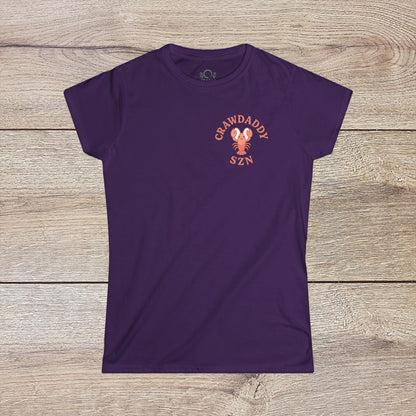 Crawfish Boil Shirt for Women in deep purple, featuring 'CRAWDADDY SZN' design, perfect for seafood lovers attending summer festivals and celebrations. Blending comfort with style.