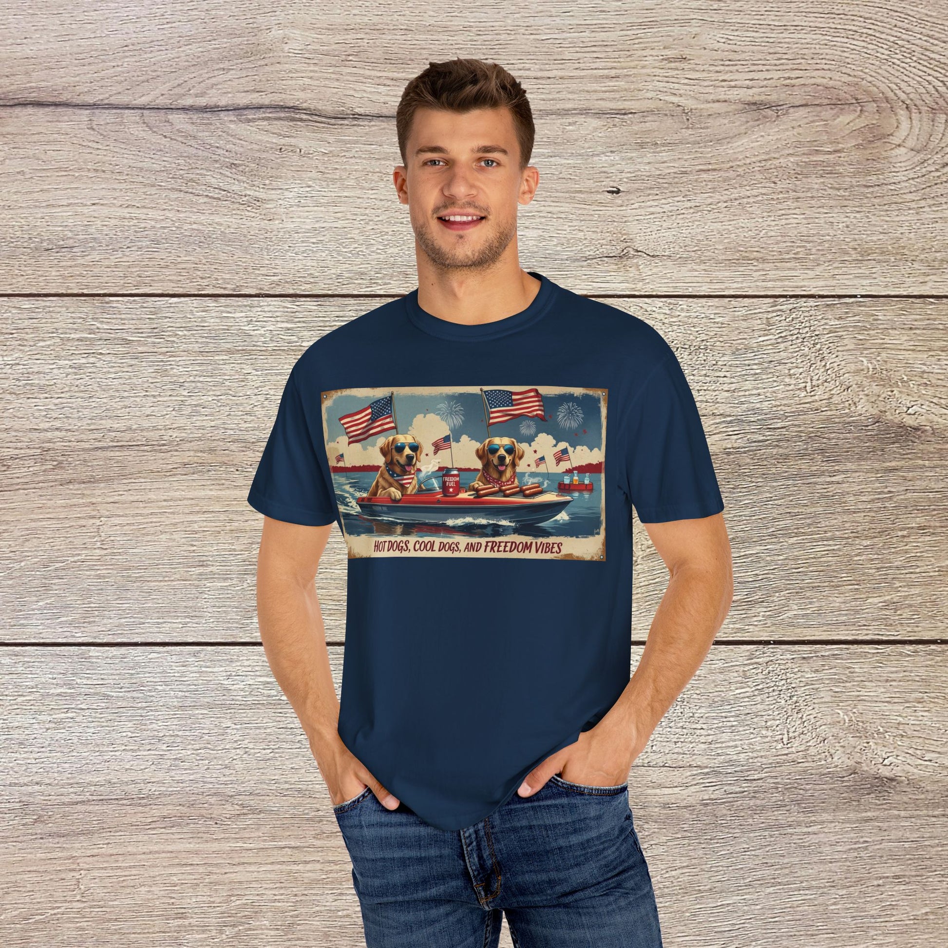 Men's Golden Tee: Comfortable Cotton T-Shirt worn by a model, showcasing a unique dog-themed graphic for fun casual wear.