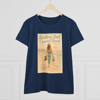 Southern Soul Coated Heart Tee displayed on a hanger, featuring a beautiful coastal graphic, representing comfort and style in a classic navy blue color for unisex sizes S-3XL.