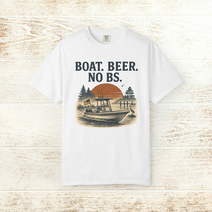 Boat Beer No BS Tee in white color displaying a boat scene and sunset design. Great choice for summer outings and leisure activities.