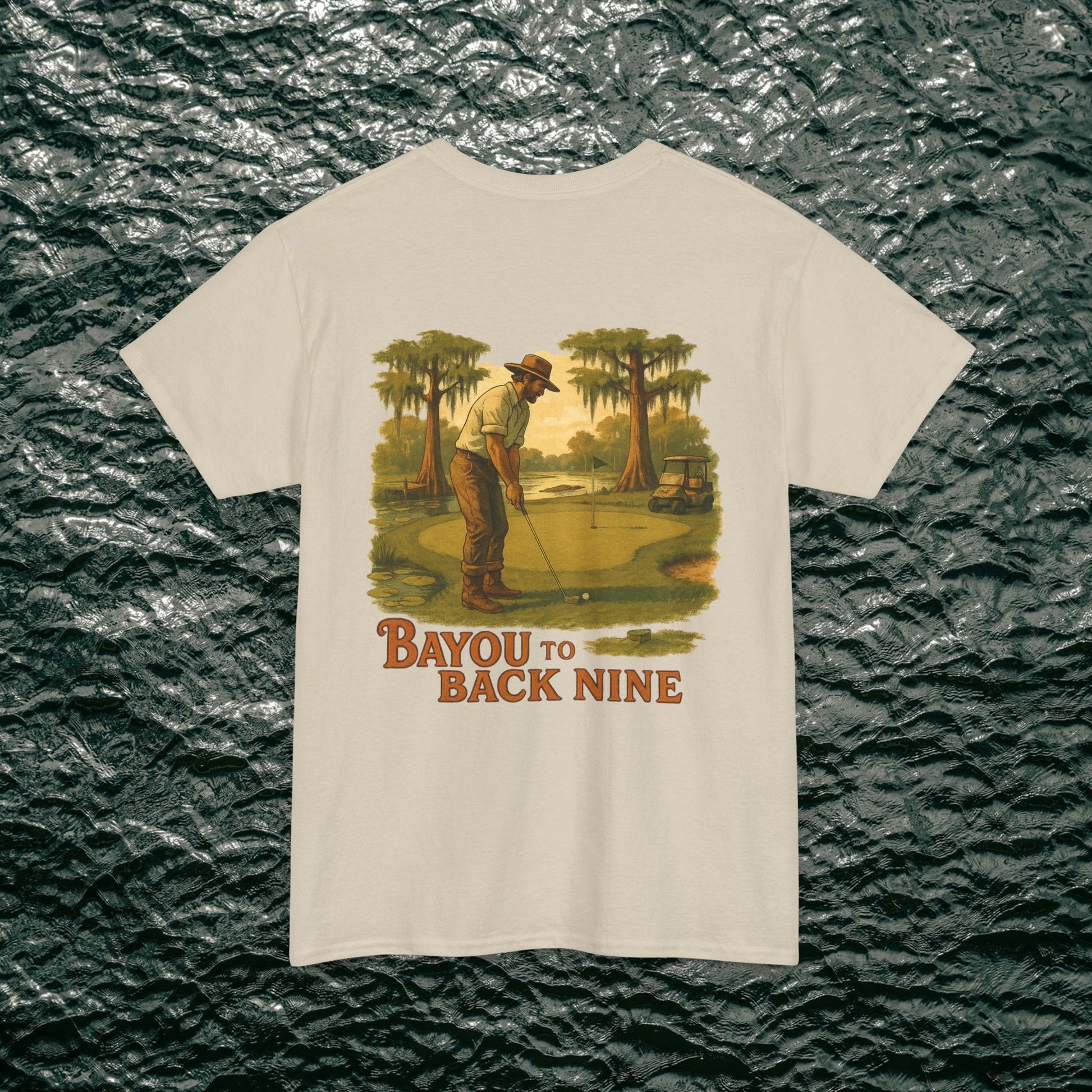 Bayou To Back Nine Softstyle Golf Tee showcasing a classic golfer design, designed for comfort and a laid-back aesthetic.