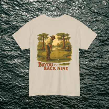 Bayou To Back Nine Softstyle Golf Tee showcasing a classic golfer design, designed for comfort and a laid-back aesthetic.