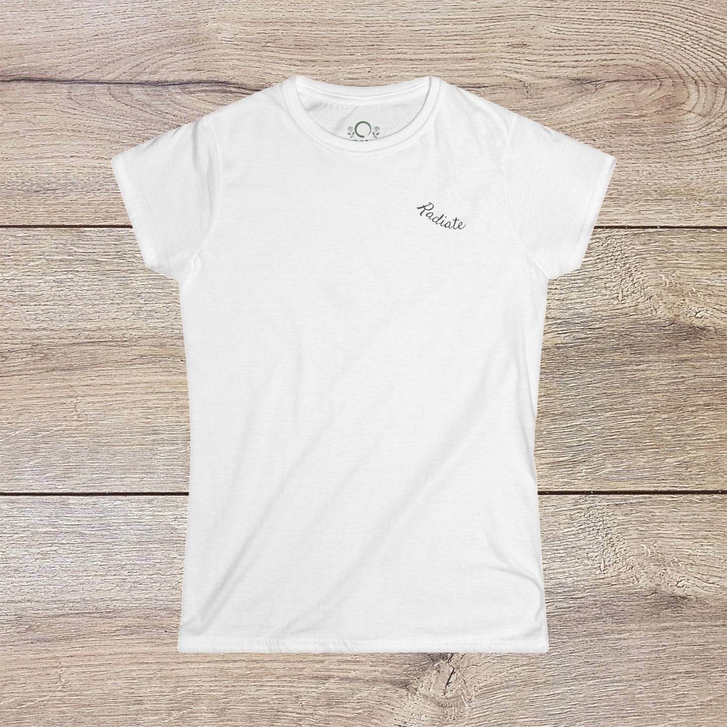 Eco-Friendly Align Tee in white with elegant 'Radiate' embroidery, showcasing a cozy blend of cotton and polyester.