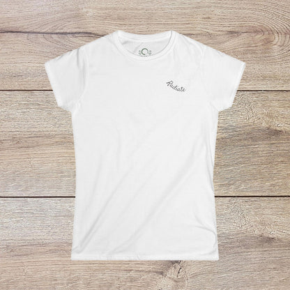 Eco-Friendly Align Tee in white with elegant 'Radiate' embroidery, showcasing a cozy blend of cotton and polyester.