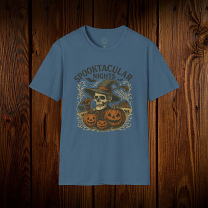 Spooktacular Nights Halloween T-Shirt for Unisex showcasing a vibrant skull and pumpkin graphic on a darker blue fabric, a must-have for fall party costumes.