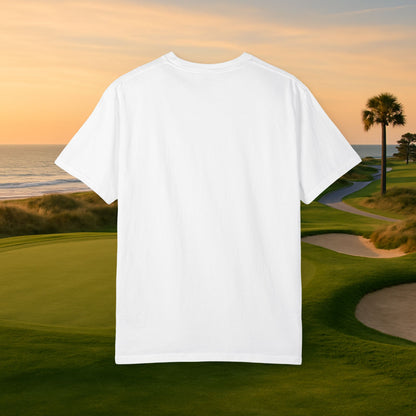 Back view of the Swing Irons Cast Lines T-Shirt against a beautiful golf course, showcasing its simple yet stylish design, crafted from high-quality 100% cotton.