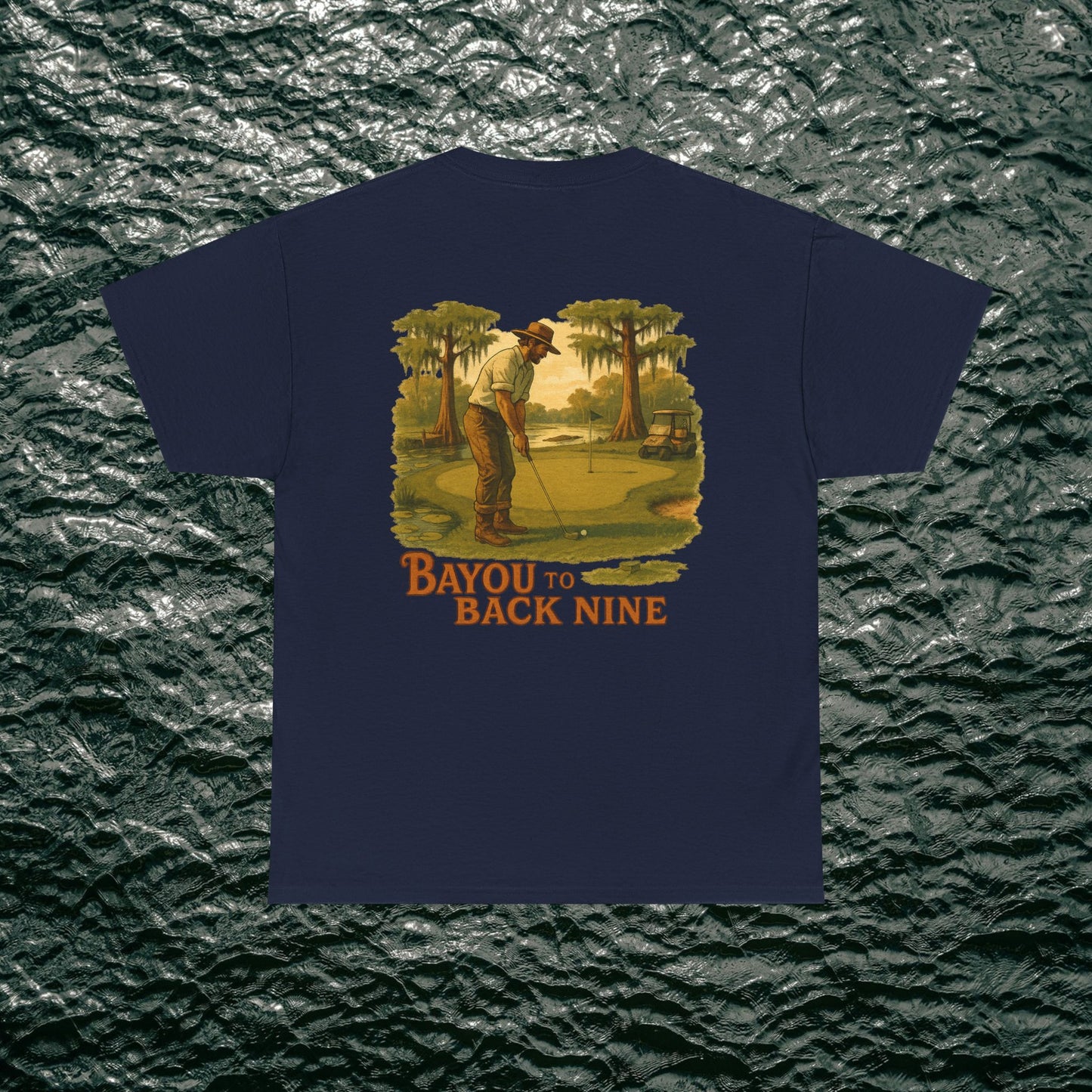 Bayou To Back Nine Softstyle Golf Tee displaying a vintage golf scene, perfect for adding a stylish touch to casual apparel.