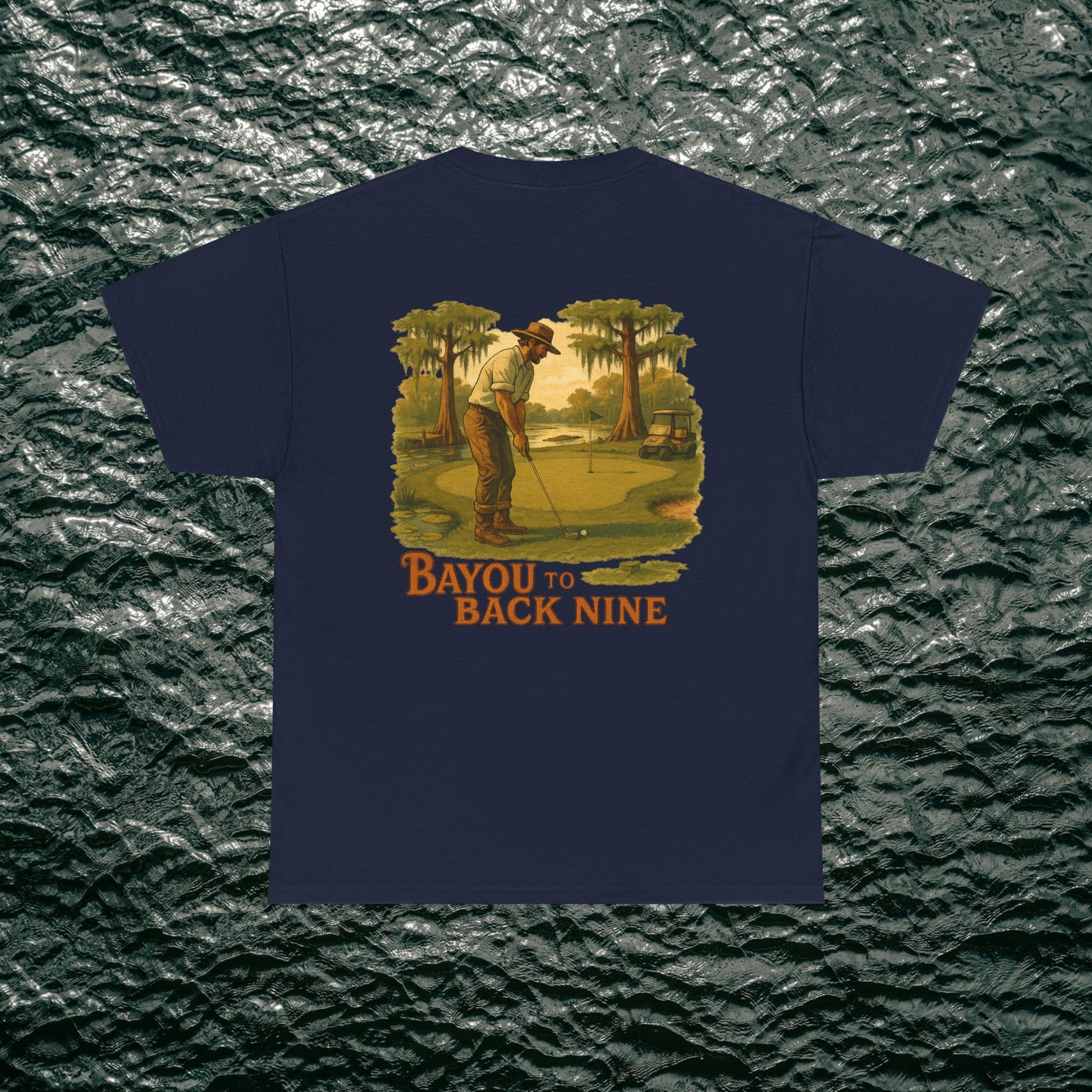 Bayou To Back Nine Softstyle Golf Tee displaying a vintage golf scene, perfect for adding a stylish touch to casual apparel.