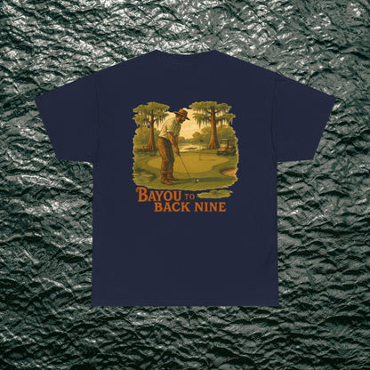 Bayou To Back Nine Softstyle Golf Tee displaying a vintage golf scene, perfect for adding a stylish touch to casual apparel.