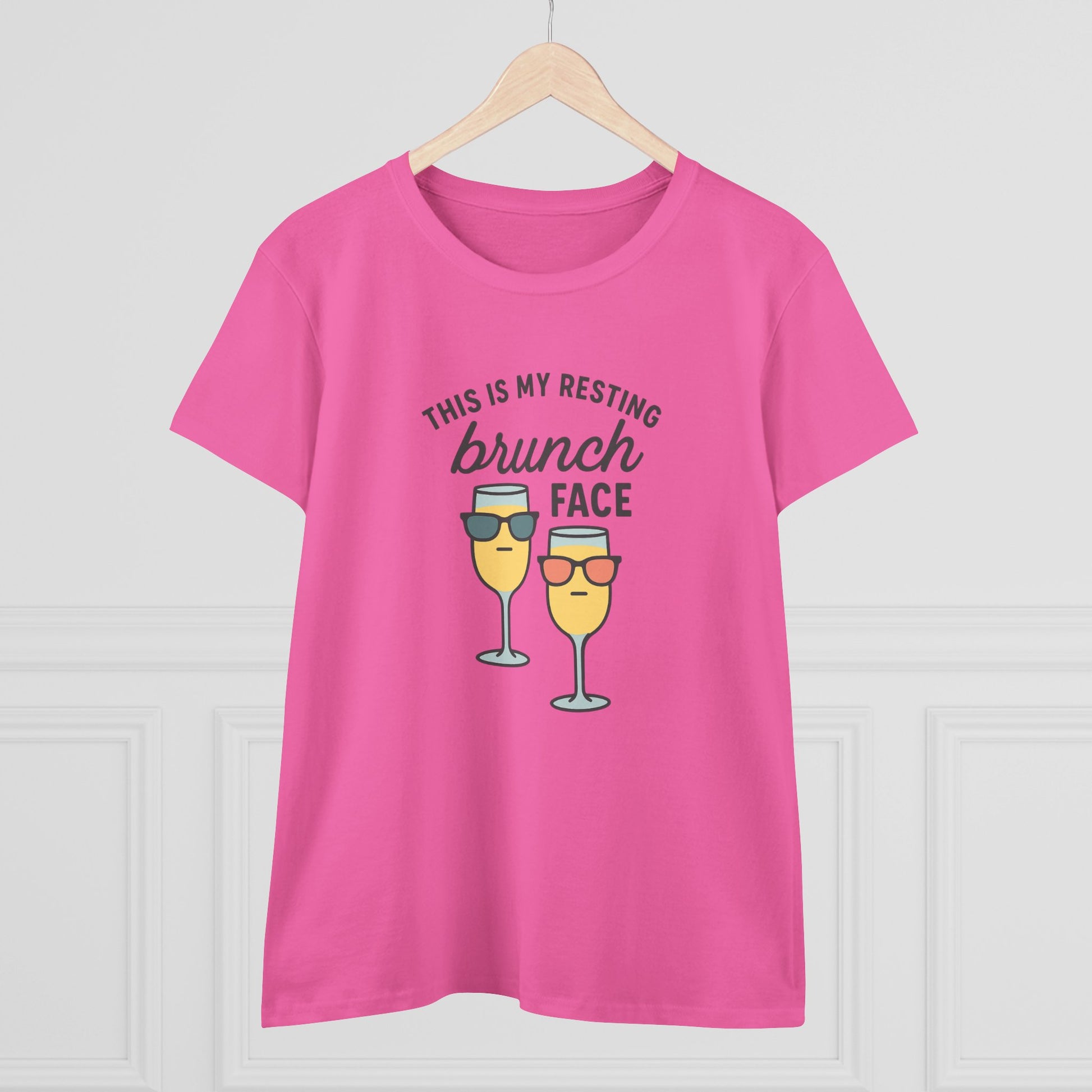 Front view of the women's premium 100% cotton brunch face tee in pink, featuring a playful brunch-themed design and relaxed style.