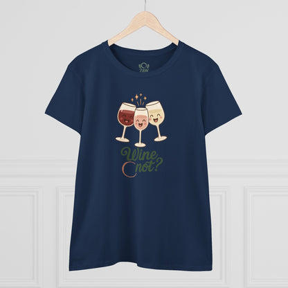 Wine Not Tee featuring cheerful cartoon wine glasses on a dark navy t-shirt, showcasing a fun wine-themed design perfect for wine lovers.