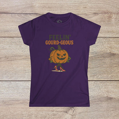 Gourd-geous Halloween Pumpkin T-Shirt in purple, featuring a stylish pumpkin graphic with heels. Perfect for casual fall fashion.