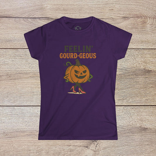 Gourd-geous Halloween Pumpkin T-Shirt in purple, featuring a stylish pumpkin graphic with heels. Perfect for casual fall fashion.