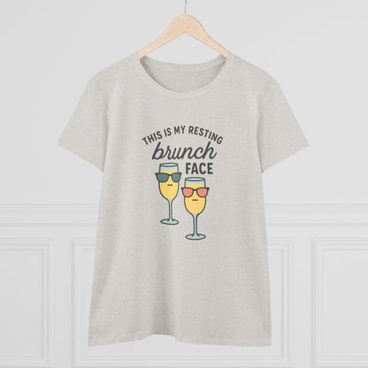 Front view of Women's Premium 100% Cotton Brunch Face Tee - Comfortable, Durable & Stylish in light grey with a playful brunch-themed graphic, perfect for a fun day out.