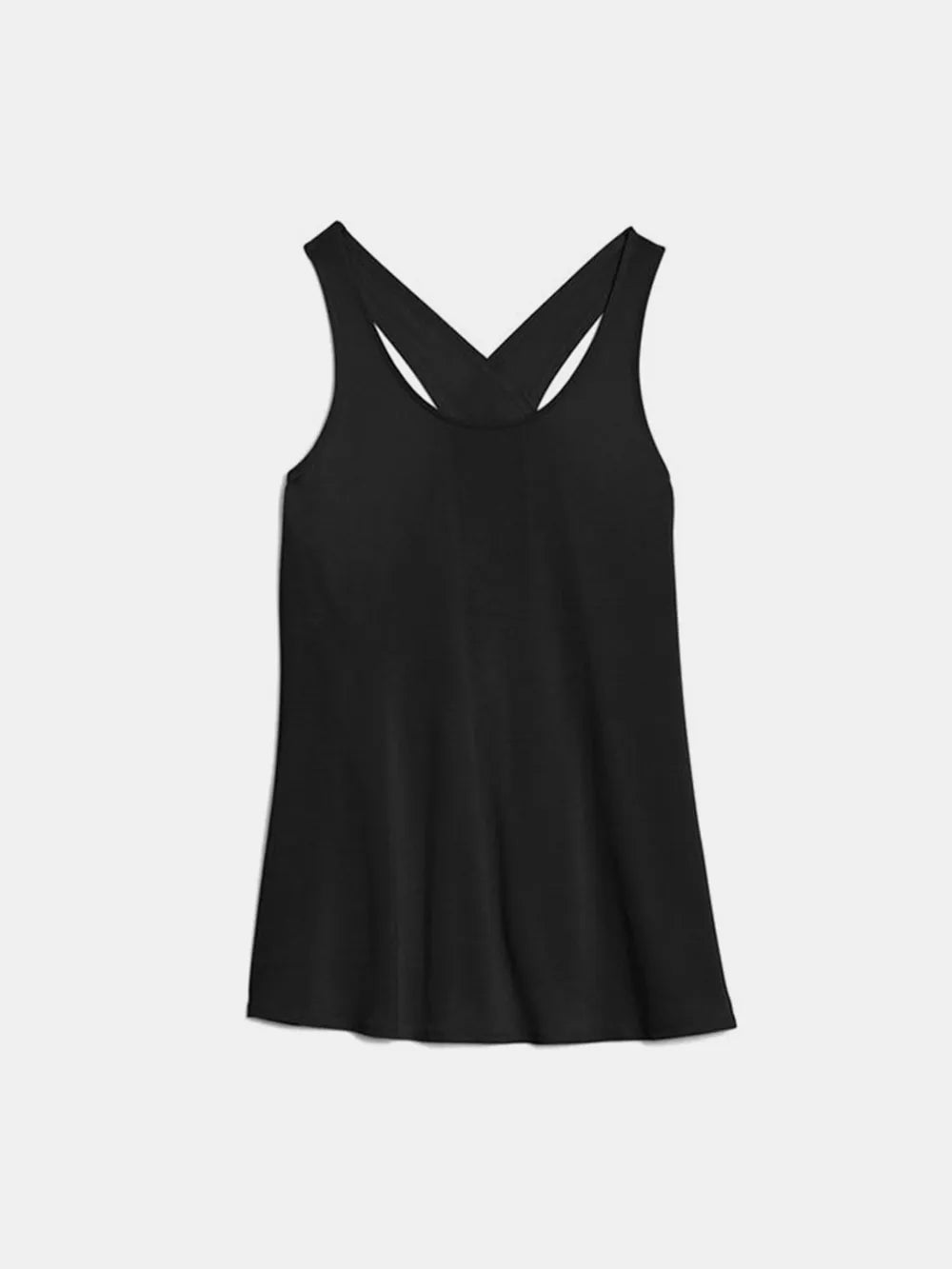 Front view of the Crisscross Scoop Neck Tank Top for Active Wear in black color, featuring a contemporary scoop neck design for comfort during workouts.